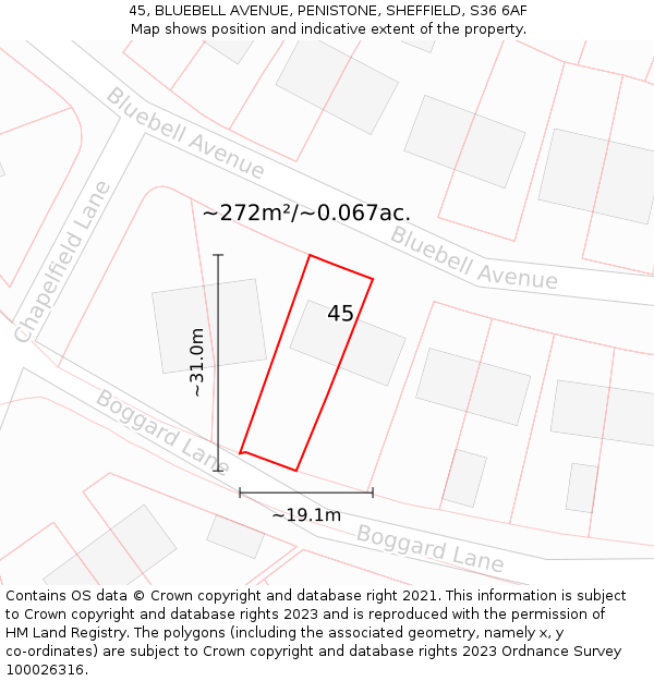 45, BLUEBELL AVENUE, PENISTONE, SHEFFIELD, S36 6AF: Plot and title map