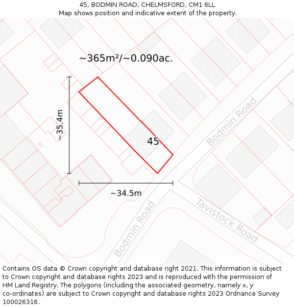 45, BODMIN ROAD, CHELMSFORD, CM1 6LL: Plot and title map