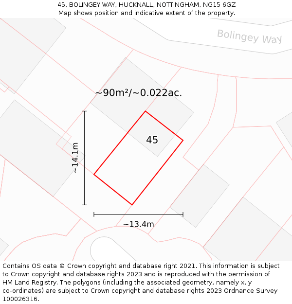 45, BOLINGEY WAY, HUCKNALL, NOTTINGHAM, NG15 6GZ: Plot and title map