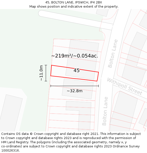 45, BOLTON LANE, IPSWICH, IP4 2BX: Plot and title map