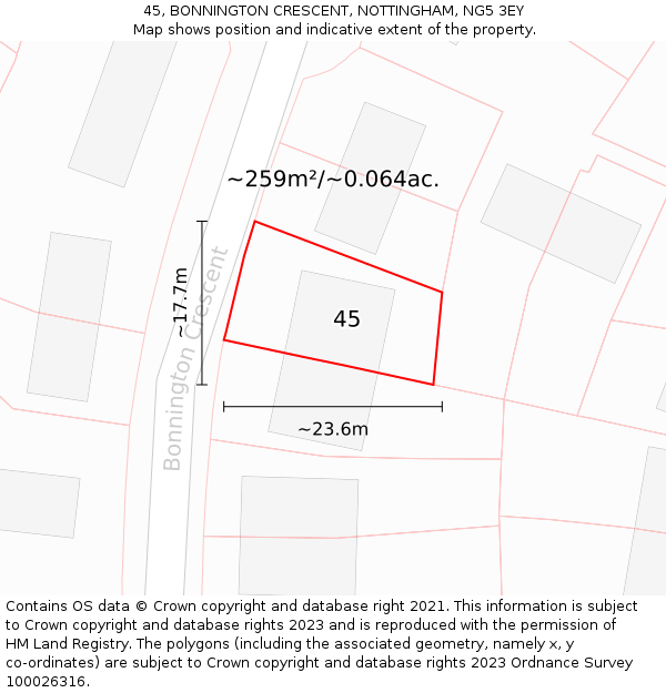 45, BONNINGTON CRESCENT, NOTTINGHAM, NG5 3EY: Plot and title map