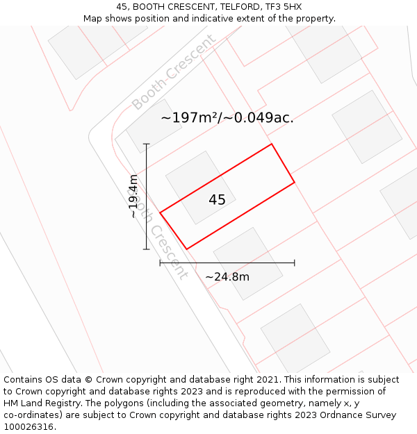 45, BOOTH CRESCENT, TELFORD, TF3 5HX: Plot and title map