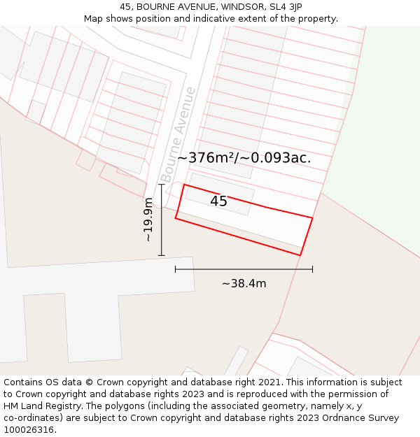 45, BOURNE AVENUE, WINDSOR, SL4 3JP: Plot and title map