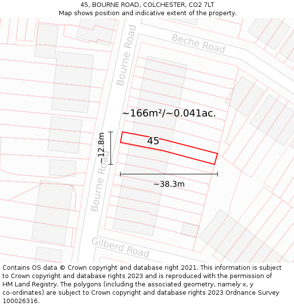 45, BOURNE ROAD, COLCHESTER, CO2 7LT: Plot and title map