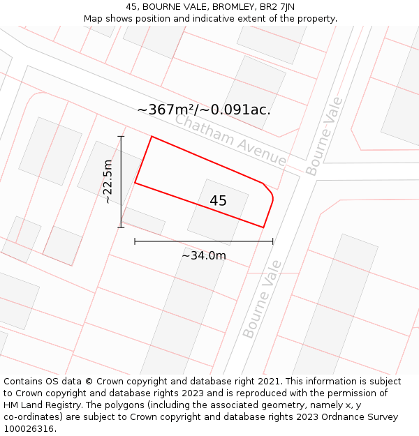 45, BOURNE VALE, BROMLEY, BR2 7JN: Plot and title map