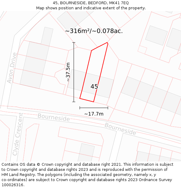 45, BOURNESIDE, BEDFORD, MK41 7EQ: Plot and title map