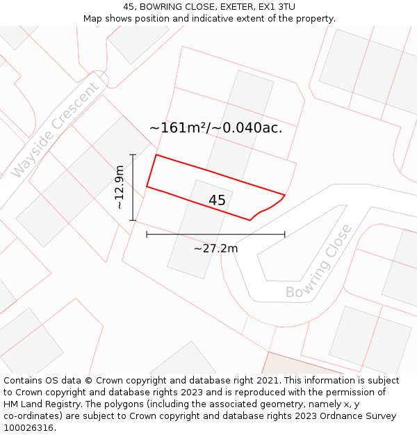 45, BOWRING CLOSE, EXETER, EX1 3TU: Plot and title map