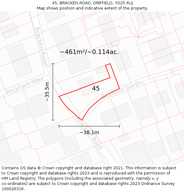 45, BRACKEN ROAD, DRIFFIELD, YO25 6UJ: Plot and title map