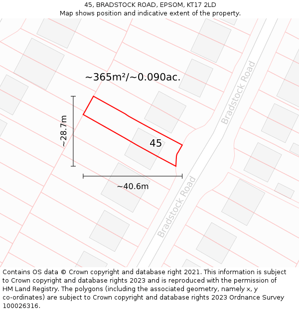 45, BRADSTOCK ROAD, EPSOM, KT17 2LD: Plot and title map