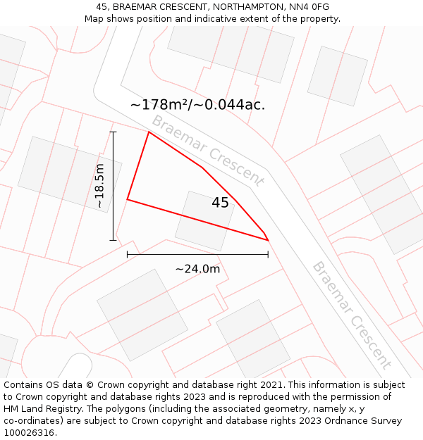 45, BRAEMAR CRESCENT, NORTHAMPTON, NN4 0FG: Plot and title map