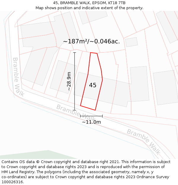 45, BRAMBLE WALK, EPSOM, KT18 7TB: Plot and title map