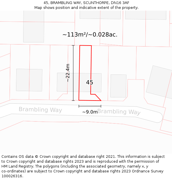 45, BRAMBLING WAY, SCUNTHORPE, DN16 3AF: Plot and title map
