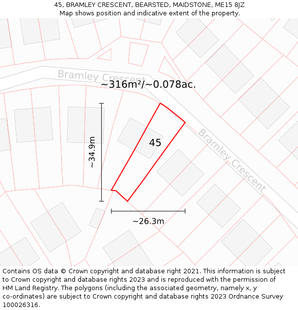 45, BRAMLEY CRESCENT, BEARSTED, MAIDSTONE, ME15 8JZ: Plot and title map