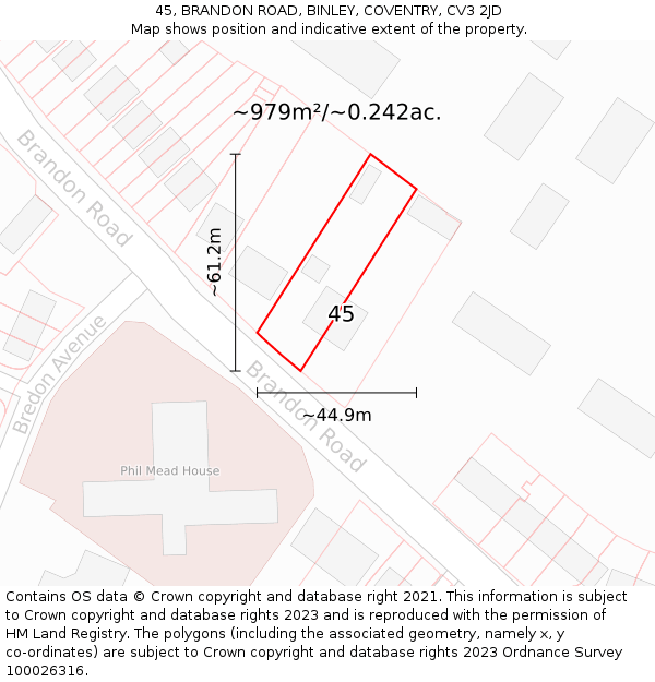45, BRANDON ROAD, BINLEY, COVENTRY, CV3 2JD: Plot and title map