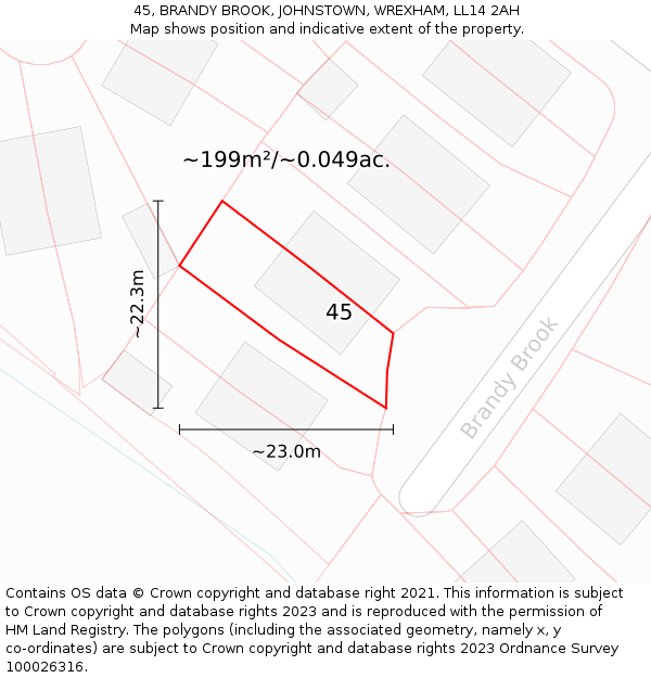 45, BRANDY BROOK, JOHNSTOWN, WREXHAM, LL14 2AH: Plot and title map