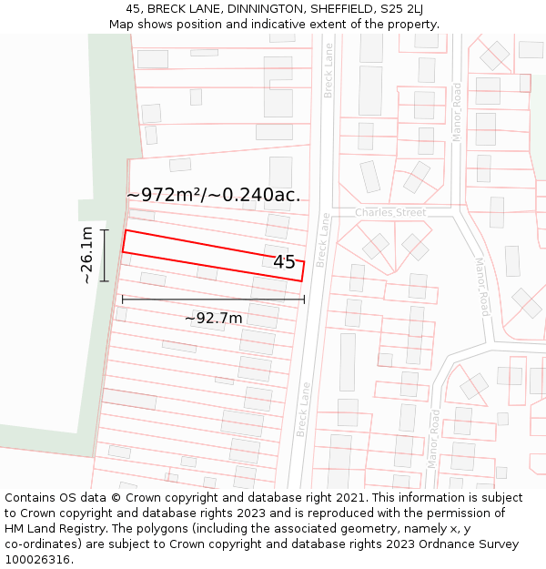 45, BRECK LANE, DINNINGTON, SHEFFIELD, S25 2LJ: Plot and title map