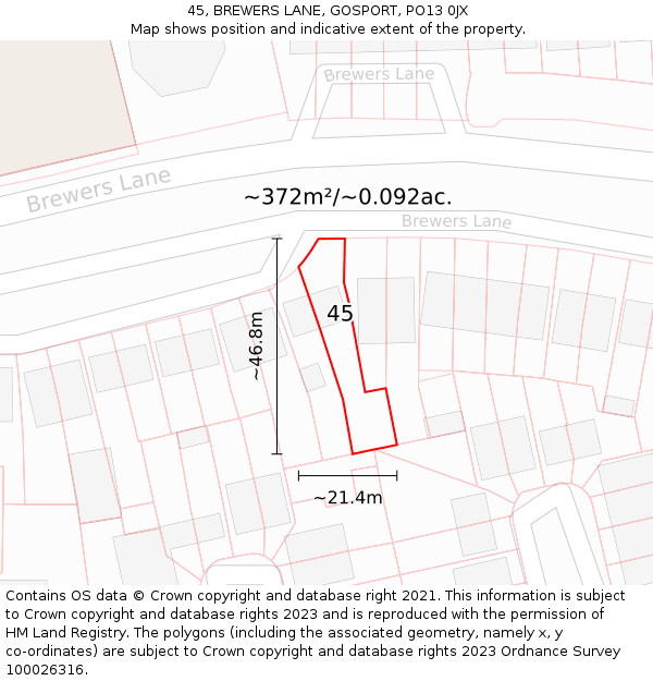 45, BREWERS LANE, GOSPORT, PO13 0JX: Plot and title map