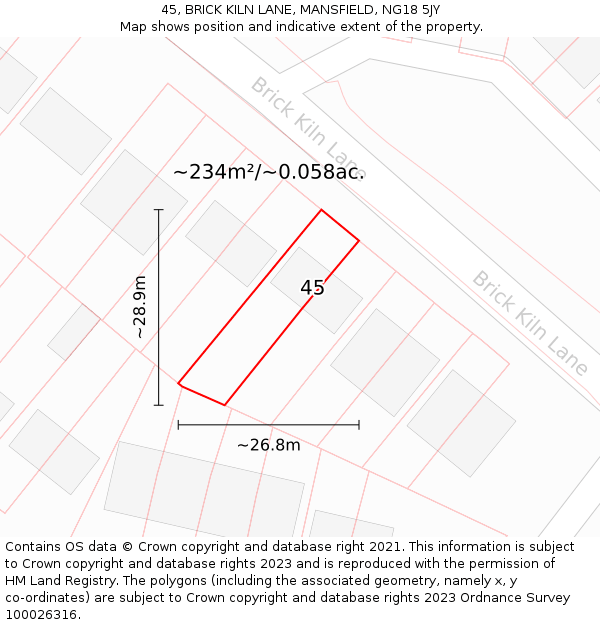 45, BRICK KILN LANE, MANSFIELD, NG18 5JY: Plot and title map