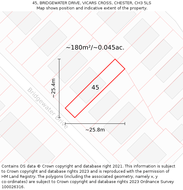 45, BRIDGEWATER DRIVE, VICARS CROSS, CHESTER, CH3 5LS: Plot and title map