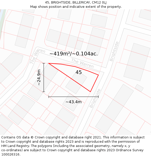 45, BRIGHTSIDE, BILLERICAY, CM12 0LJ: Plot and title map