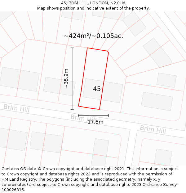 45, BRIM HILL, LONDON, N2 0HA: Plot and title map