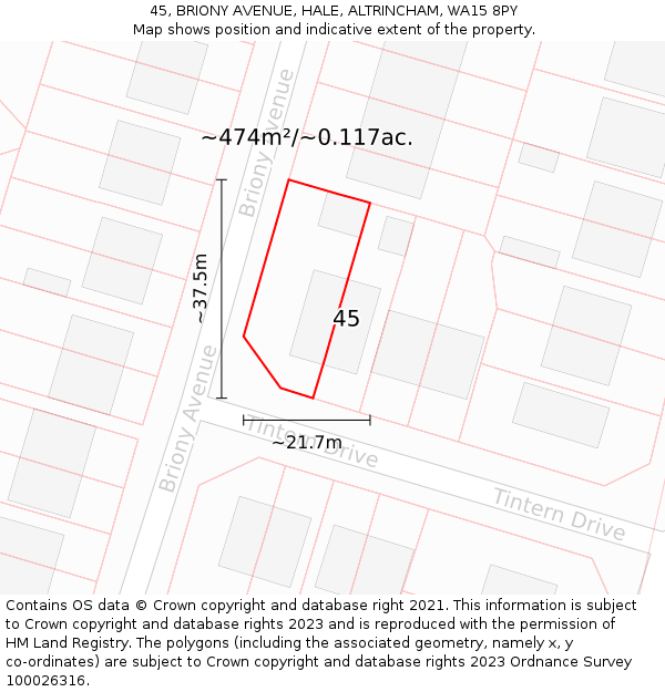 45, BRIONY AVENUE, HALE, ALTRINCHAM, WA15 8PY: Plot and title map