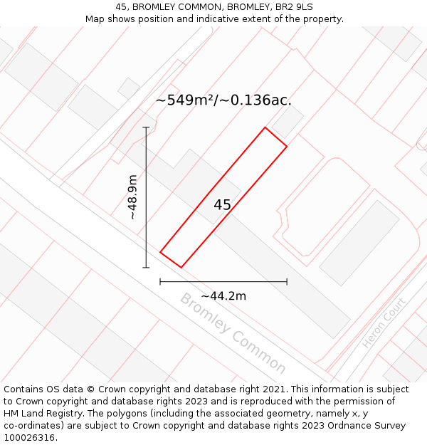 45, BROMLEY COMMON, BROMLEY, BR2 9LS: Plot and title map