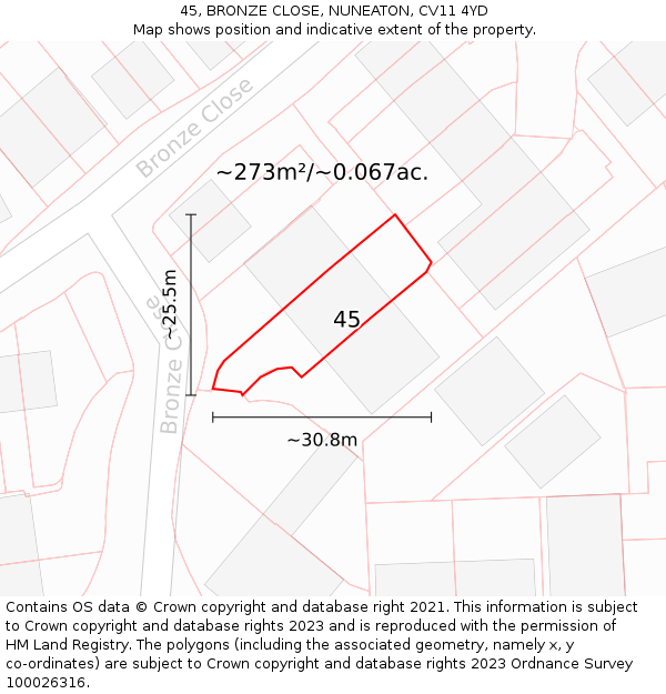 45, BRONZE CLOSE, NUNEATON, CV11 4YD: Plot and title map