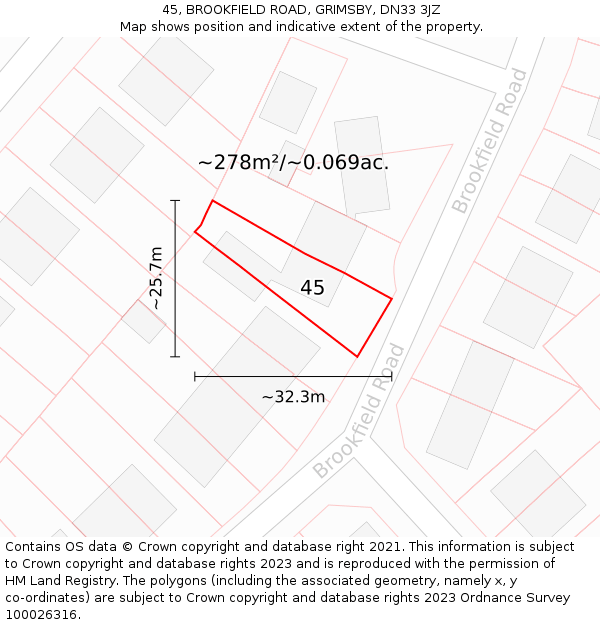 45, BROOKFIELD ROAD, GRIMSBY, DN33 3JZ: Plot and title map