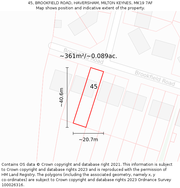 45, BROOKFIELD ROAD, HAVERSHAM, MILTON KEYNES, MK19 7AF: Plot and title map