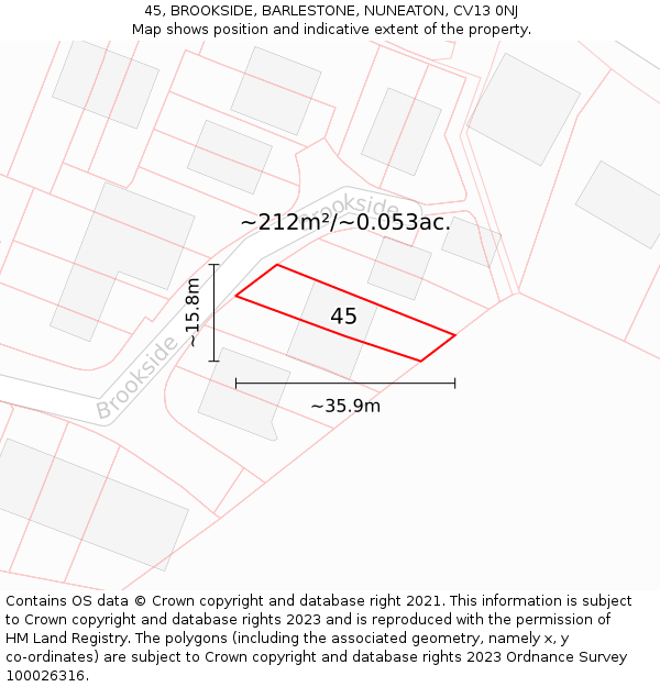 45, BROOKSIDE, BARLESTONE, NUNEATON, CV13 0NJ: Plot and title map