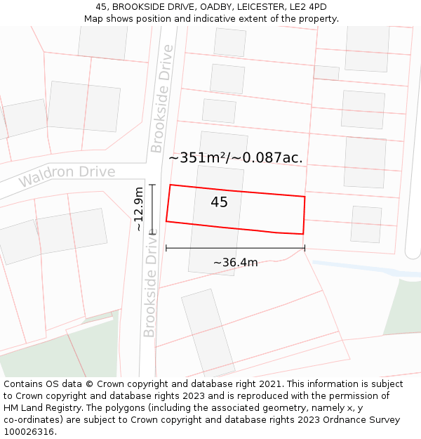 45, BROOKSIDE DRIVE, OADBY, LEICESTER, LE2 4PD: Plot and title map