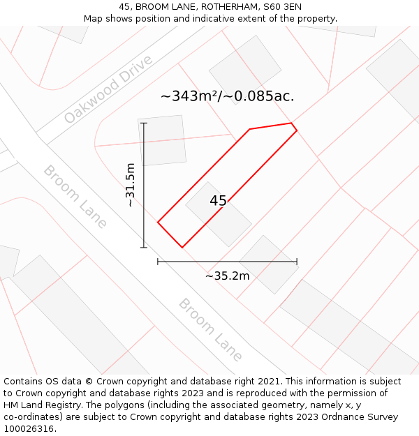 45, BROOM LANE, ROTHERHAM, S60 3EN: Plot and title map