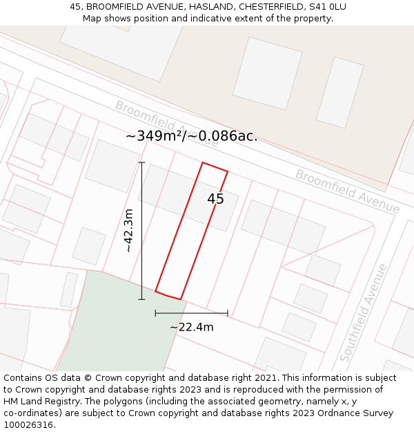 45, BROOMFIELD AVENUE, HASLAND, CHESTERFIELD, S41 0LU: Plot and title map