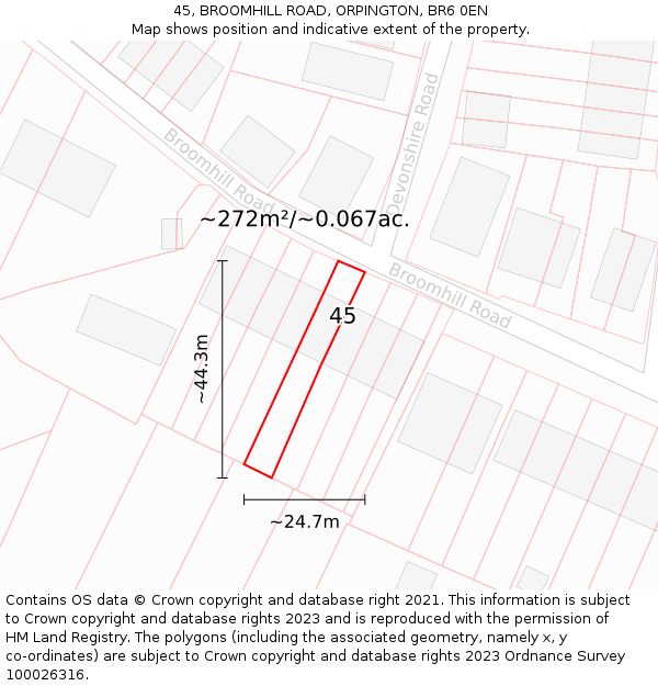 45, BROOMHILL ROAD, ORPINGTON, BR6 0EN: Plot and title map