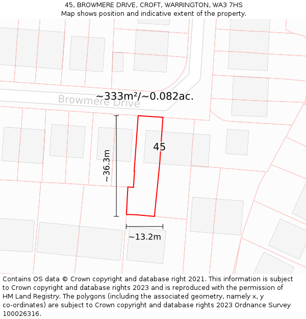 45, BROWMERE DRIVE, CROFT, WARRINGTON, WA3 7HS: Plot and title map