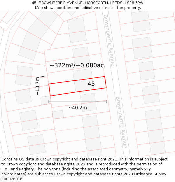 45, BROWNBERRIE AVENUE, HORSFORTH, LEEDS, LS18 5PW: Plot and title map