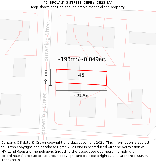45, BROWNING STREET, DERBY, DE23 8AN: Plot and title map