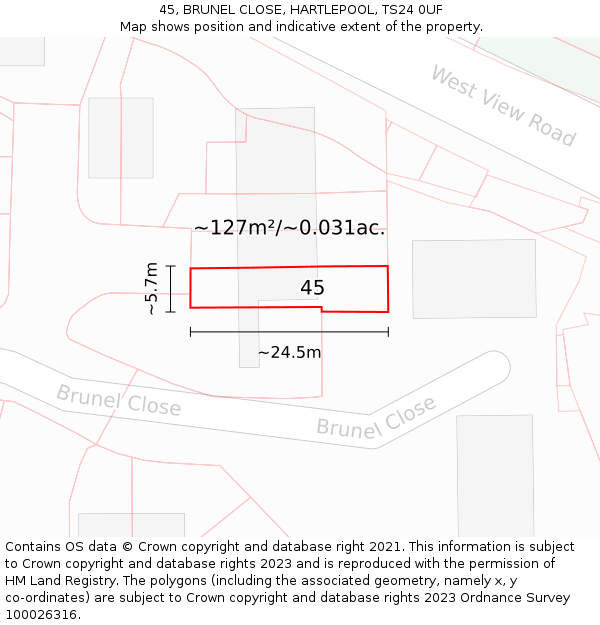45, BRUNEL CLOSE, HARTLEPOOL, TS24 0UF: Plot and title map