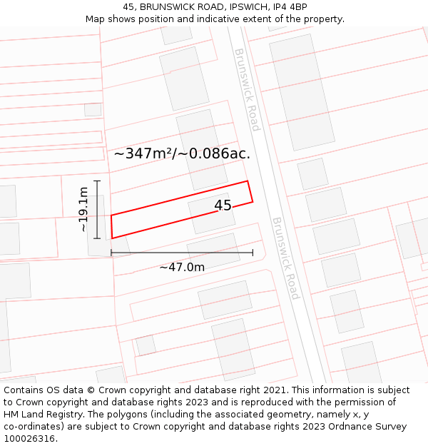 45, BRUNSWICK ROAD, IPSWICH, IP4 4BP: Plot and title map
