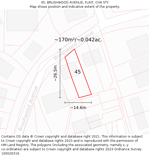 45, BRUSHWOOD AVENUE, FLINT, CH6 5TY: Plot and title map
