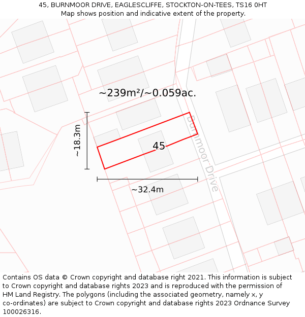 45, BURNMOOR DRIVE, EAGLESCLIFFE, STOCKTON-ON-TEES, TS16 0HT: Plot and title map