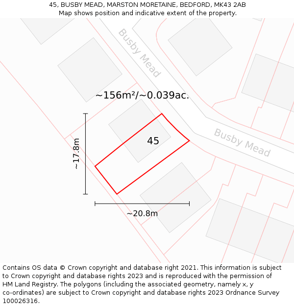 45, BUSBY MEAD, MARSTON MORETAINE, BEDFORD, MK43 2AB: Plot and title map