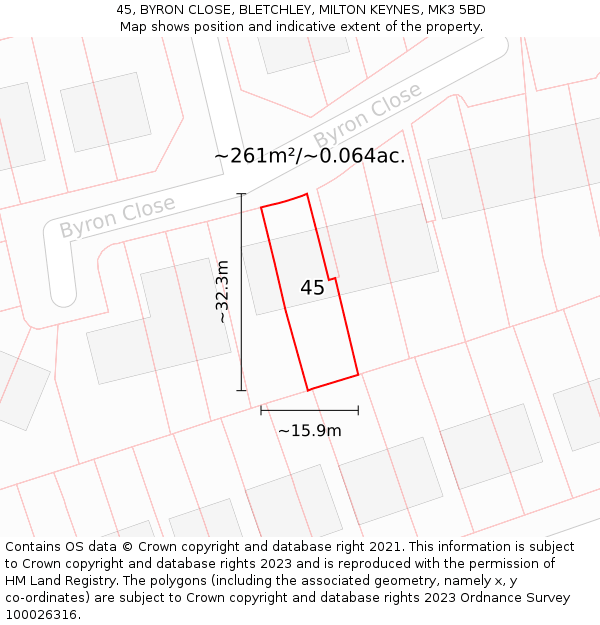 45, BYRON CLOSE, BLETCHLEY, MILTON KEYNES, MK3 5BD: Plot and title map