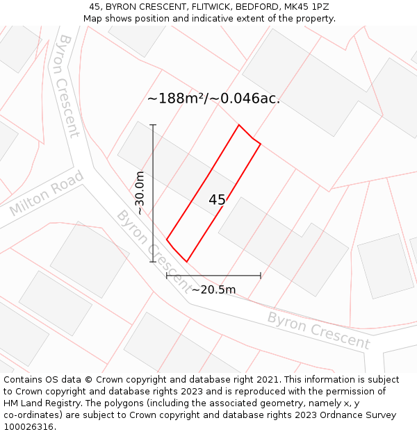45, BYRON CRESCENT, FLITWICK, BEDFORD, MK45 1PZ: Plot and title map