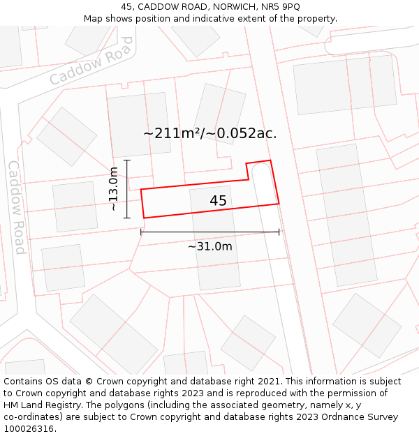 45, CADDOW ROAD, NORWICH, NR5 9PQ: Plot and title map