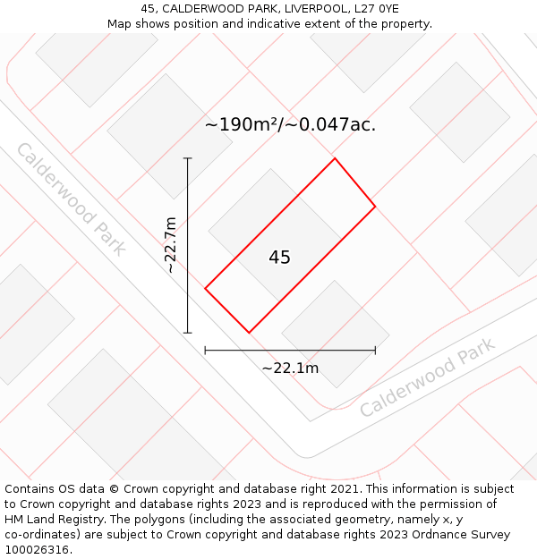 45, CALDERWOOD PARK, LIVERPOOL, L27 0YE: Plot and title map