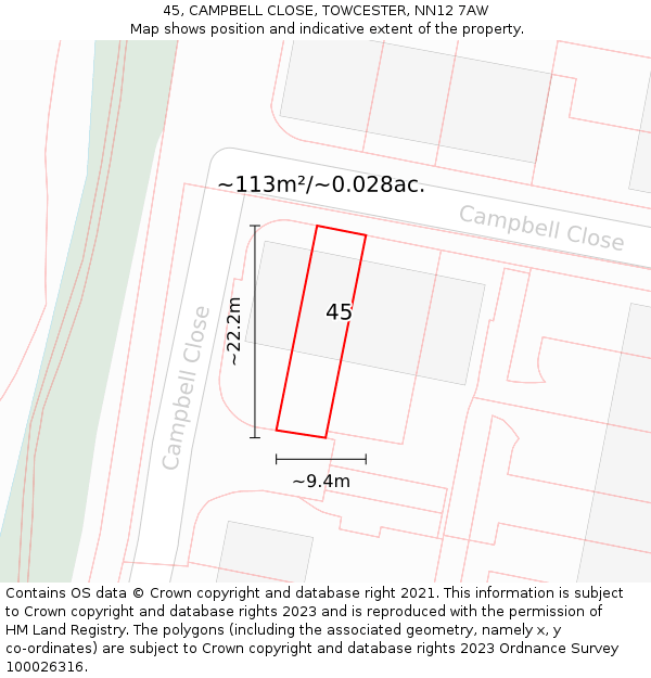 45, CAMPBELL CLOSE, TOWCESTER, NN12 7AW: Plot and title map