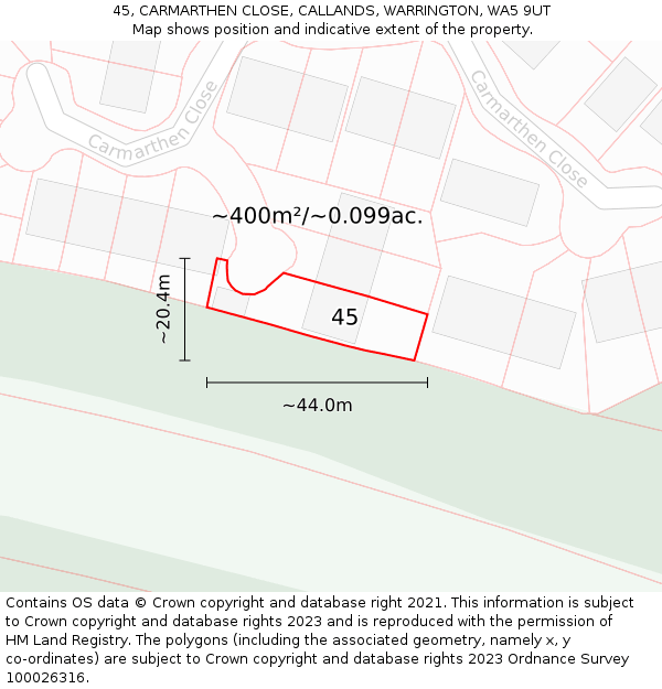 45, CARMARTHEN CLOSE, CALLANDS, WARRINGTON, WA5 9UT: Plot and title map