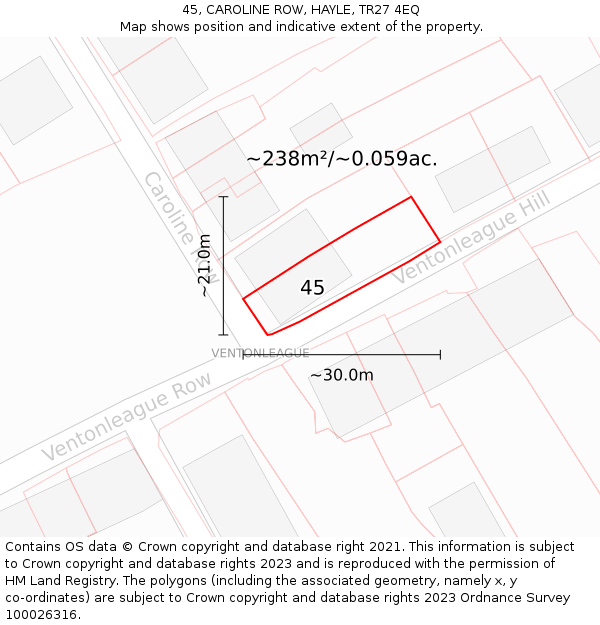 45, CAROLINE ROW, HAYLE, TR27 4EQ: Plot and title map